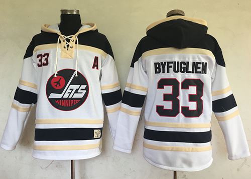 Jets #33 Dustin Byfuglien White Sawyer Hooded Sweatshirt Stitched NHL Jersey - Click Image to Close